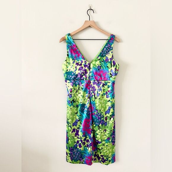 NWT Evan Picone Sleeveless Satin A-Line Dress in Green Multi Abstract - Size 14 - Picture 4 of 8
